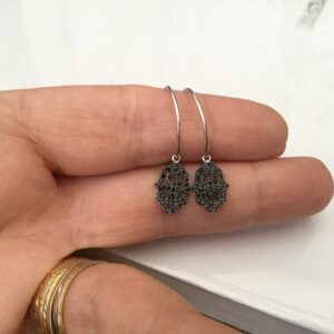 Sterling silver Hamsa hand dangle hoop earrings in silver