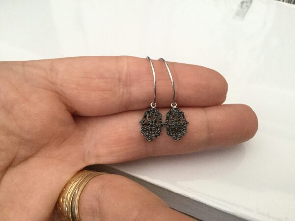 Sterling silver Hamsa hand dangle hoop earrings in silver