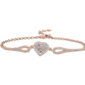 Sterling silver 925 heart set with baguette cut clear CZ stones In rose gold plated
