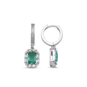 Sterling silver 925 paraiba baguette &CZ halo Huggies hoop earrings dangle