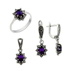 Sterling silver 925 marcasite and amethyst CZ jewellery set